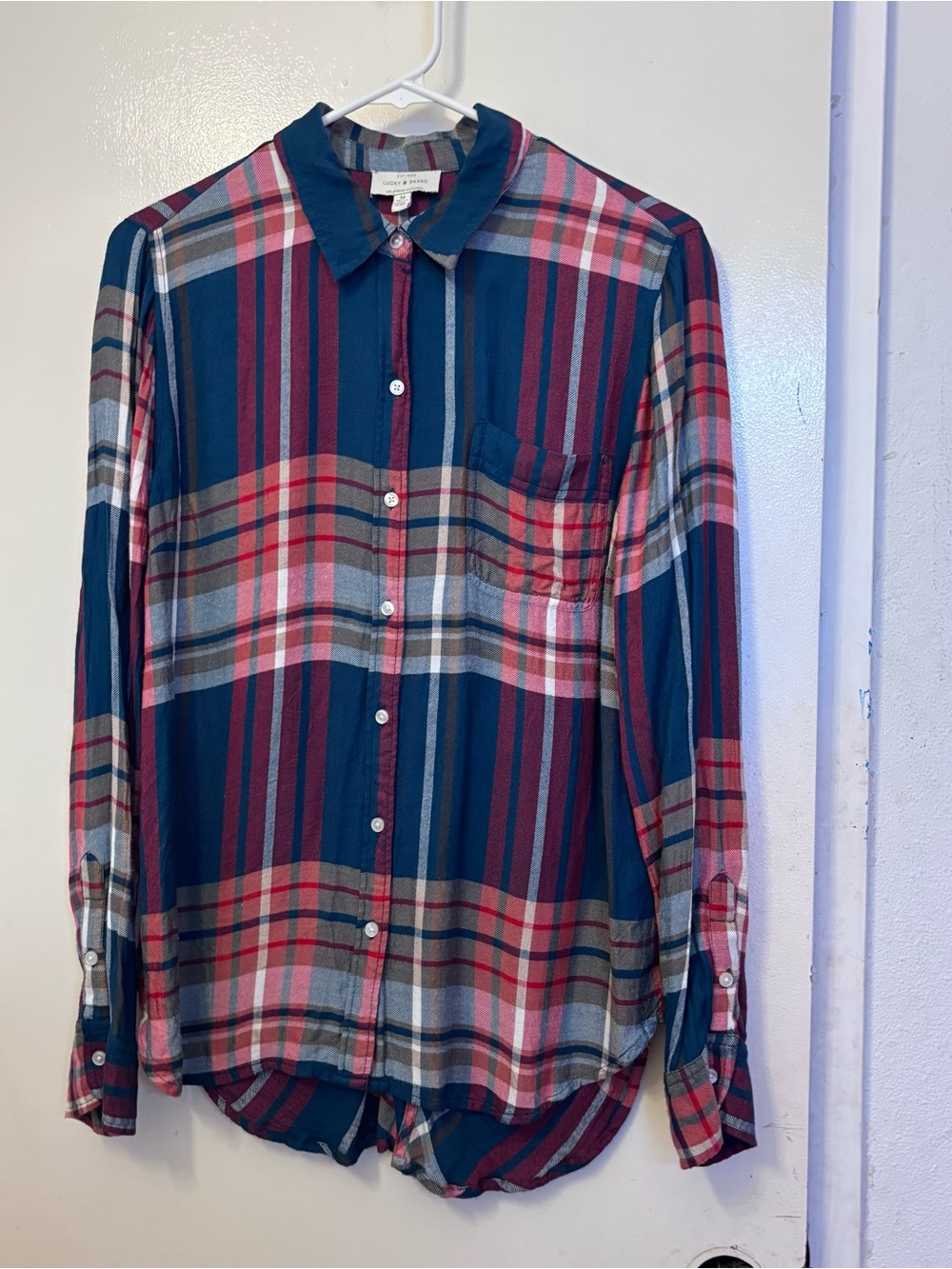 Lucky Brand Teal, Burgundy Plaid Button-Down Shirt